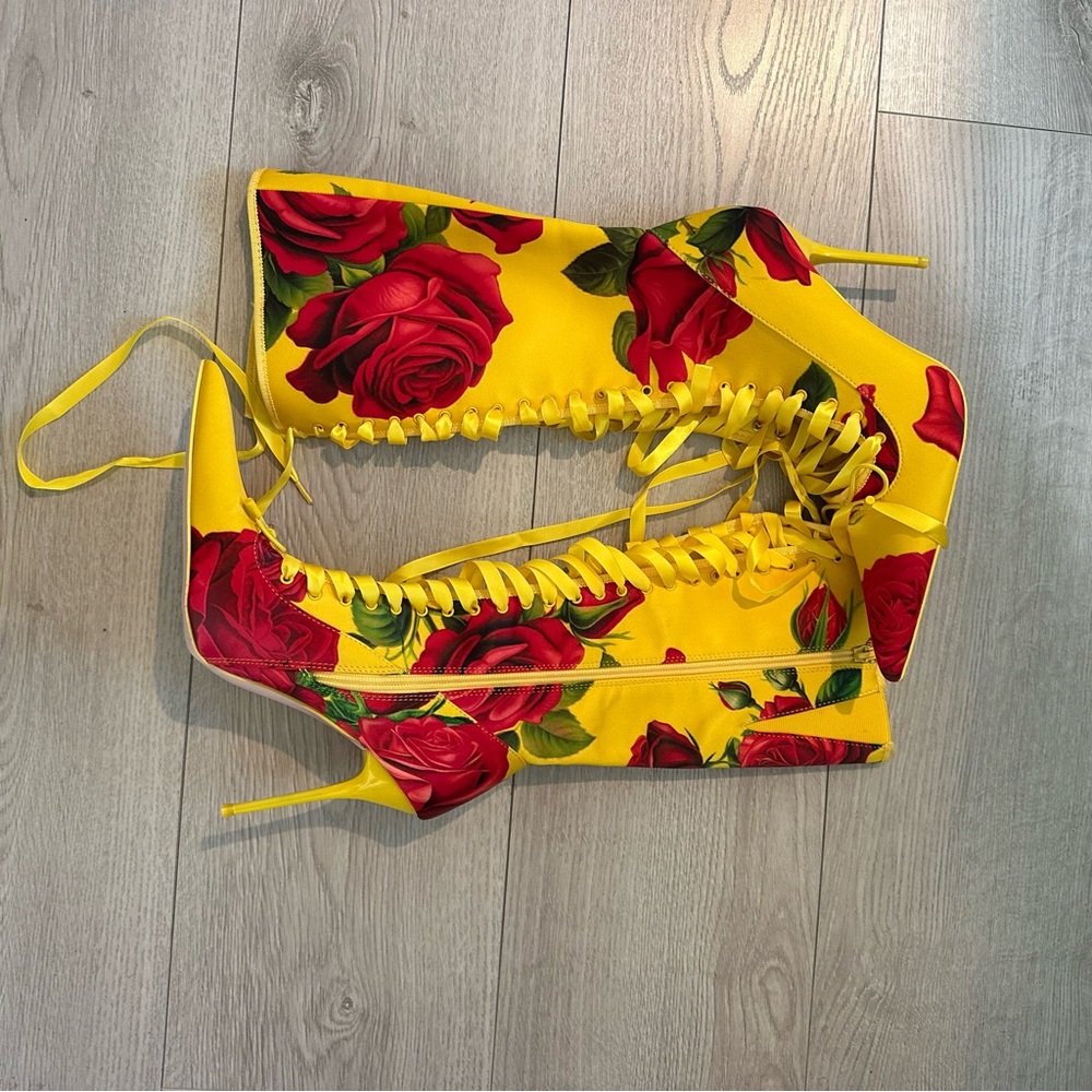 Vibrant Yellow Boots with Red Rose Design